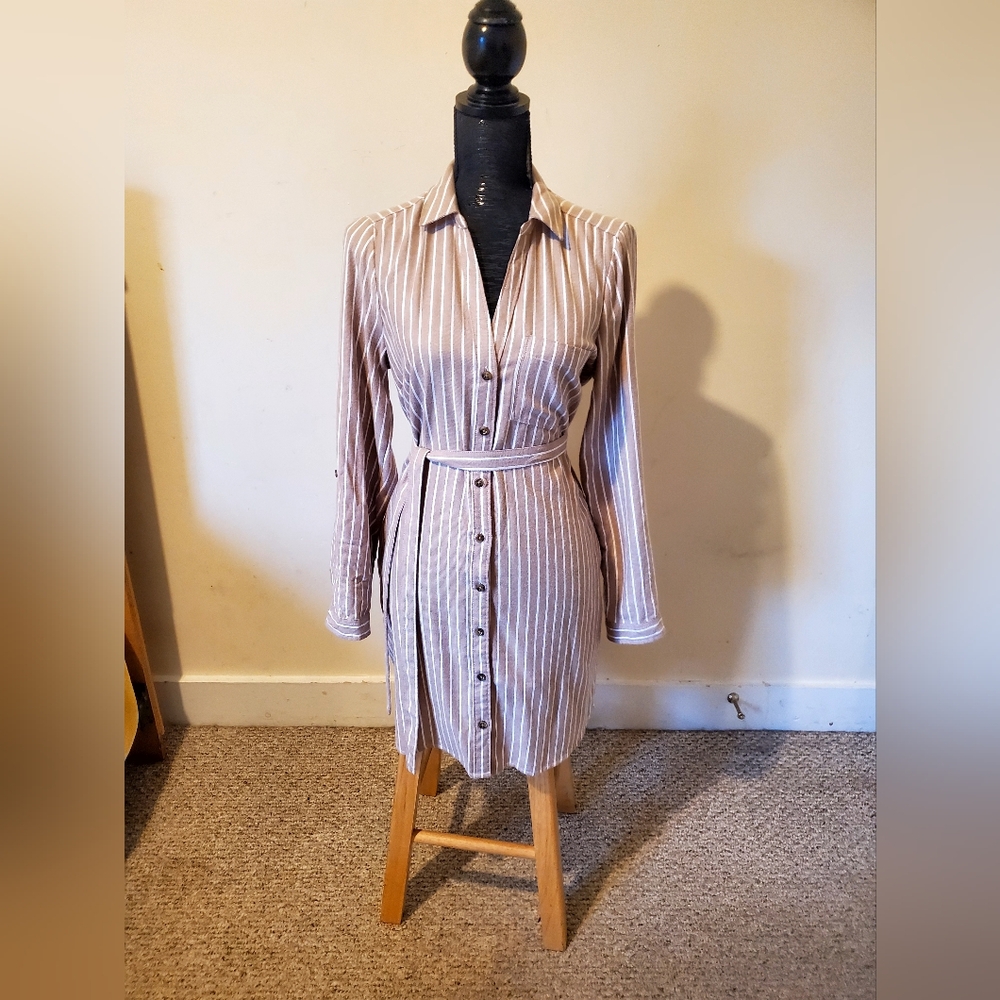 Striped Button-Down Flannel Dress with Belt